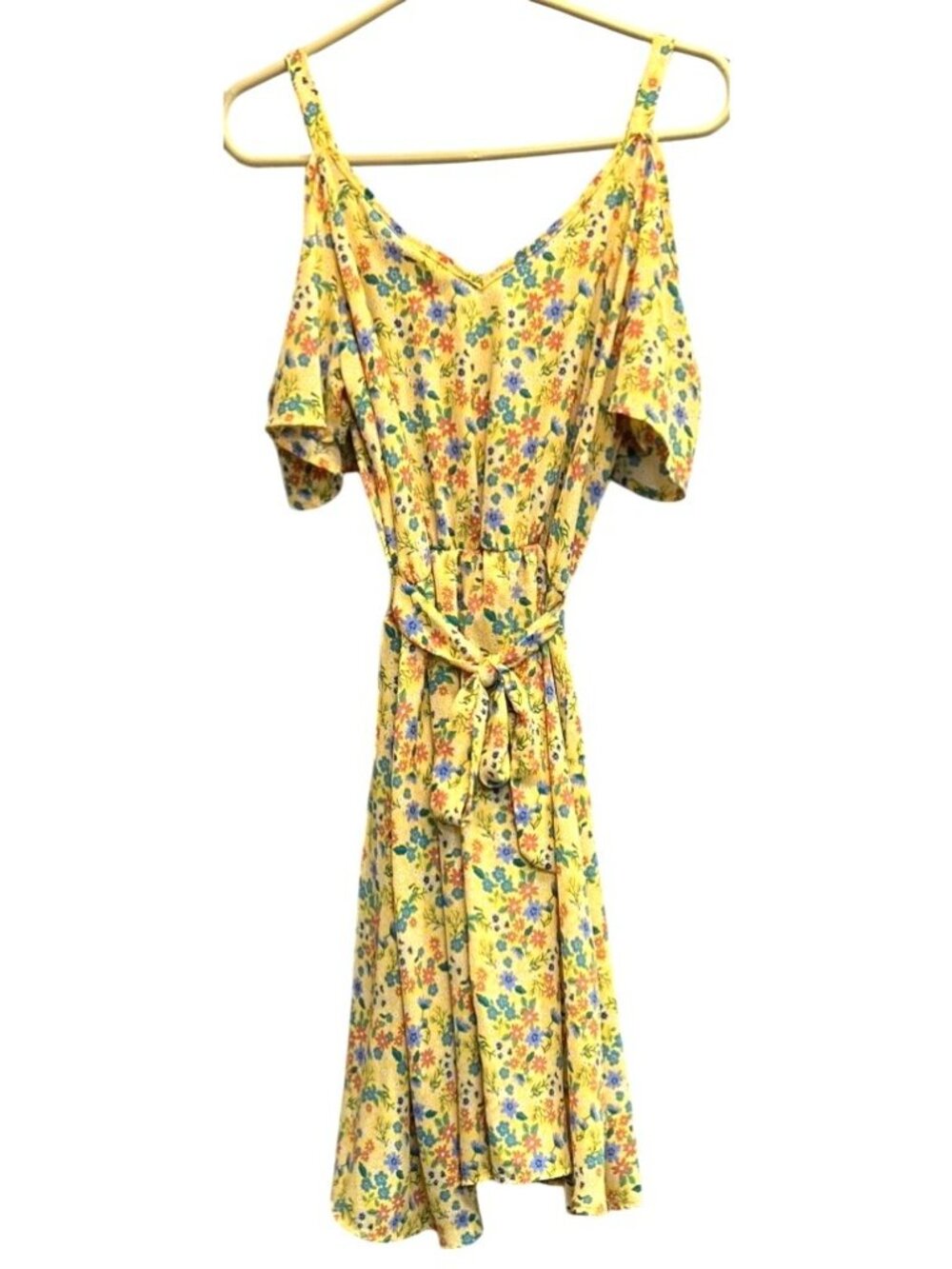 Sienna Sky Women’s Yellow Floral Cold Shoulder Wrap Dress With Tie XS - Picture 3 of 5